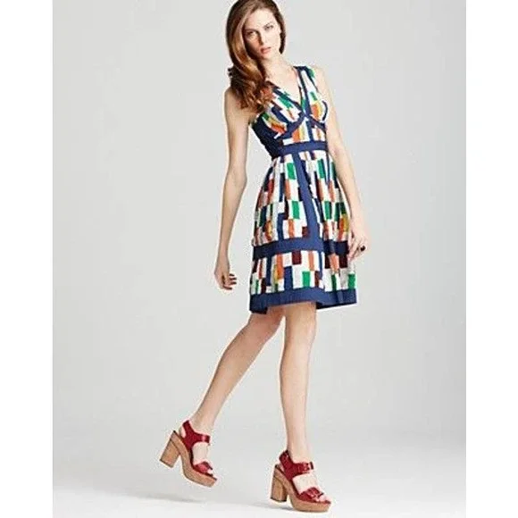 Plenty Tracy Reese Applique Frock Tiles Silk Dress With Pockets Blue White Sz 8 - Picture 2 of 11